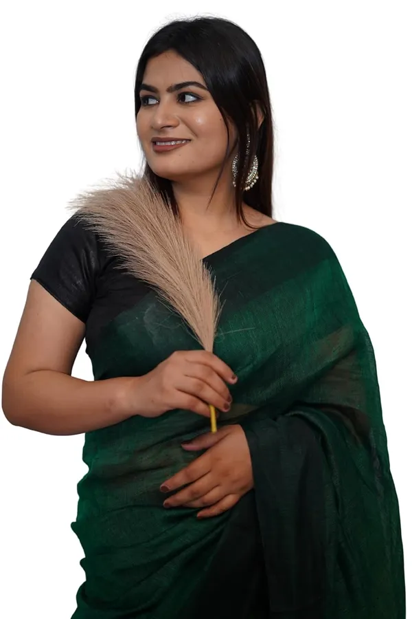 Green_&_Olive_Cotton_Saree_Dark_Green_&_Olive_Dual_Tone_Saree_With_Golden_Border_And_Tassel_Pallu_With_Blouse_Piece