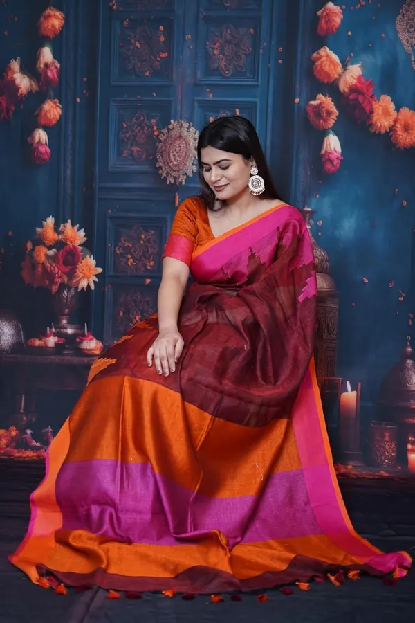 Maroon_&_Orange_Saree_Maroon_&_Orange_Color_Combination_Saree_With_Contrast_Pink_Border_And_Tassel_Pallu_With_Blouse_Piece