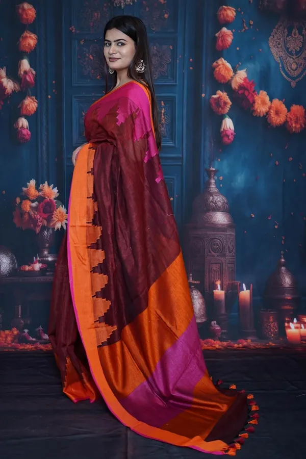 Maroon_&_Orange_Saree_Maroon_&_Orange_Color_Combination_Saree_With_Contrast_Pink_Border_And_Tassel_Pallu_With_Blouse_Piece