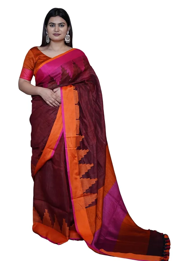 Maroon_&_Orange_Saree_Maroon_&_Orange_Color_Combination_Saree_With_Contrast_Pink_Border_And_Tassel_Pallu_With_Blouse_Piece