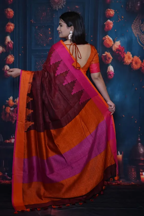 Maroon_&_Orange_Saree_Maroon_&_Orange_Color_Combination_Saree_With_Contrast_Pink_Border_And_Tassel_Pallu_With_Blouse_Piece