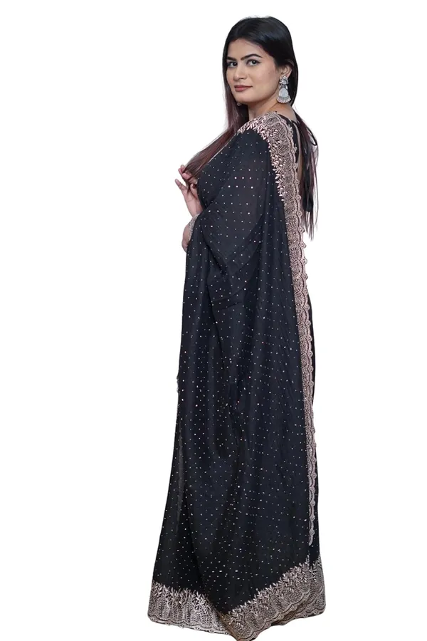 Black_Women'S_Georgette_Saree_With_Golden_Embroidery,_Heavy_Lace_Border,_Blouse_Piece