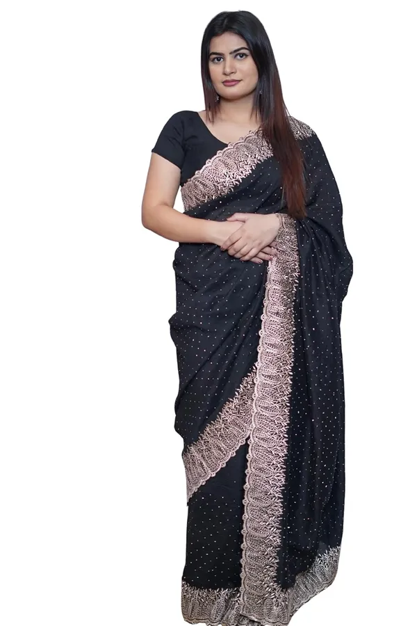 Black_Women'S_Georgette_Saree_With_Golden_Embroidery,_Heavy_Lace_Border,_Blouse_Piece
