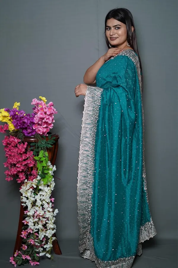 Turquoise_Blue_Women'S_Georgette_Saree_With_Golden_Embroidery,_Heavy_Lace_Border,_Blouse_Piece