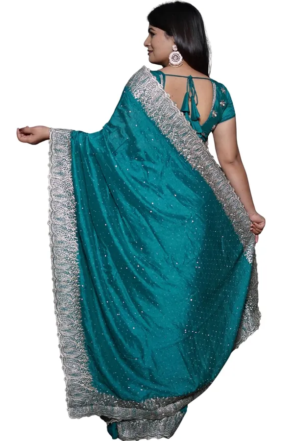 Turquoise_Blue_Women'S_Georgette_Saree_With_Golden_Embroidery,_Heavy_Lace_Border,_Blouse_Piece