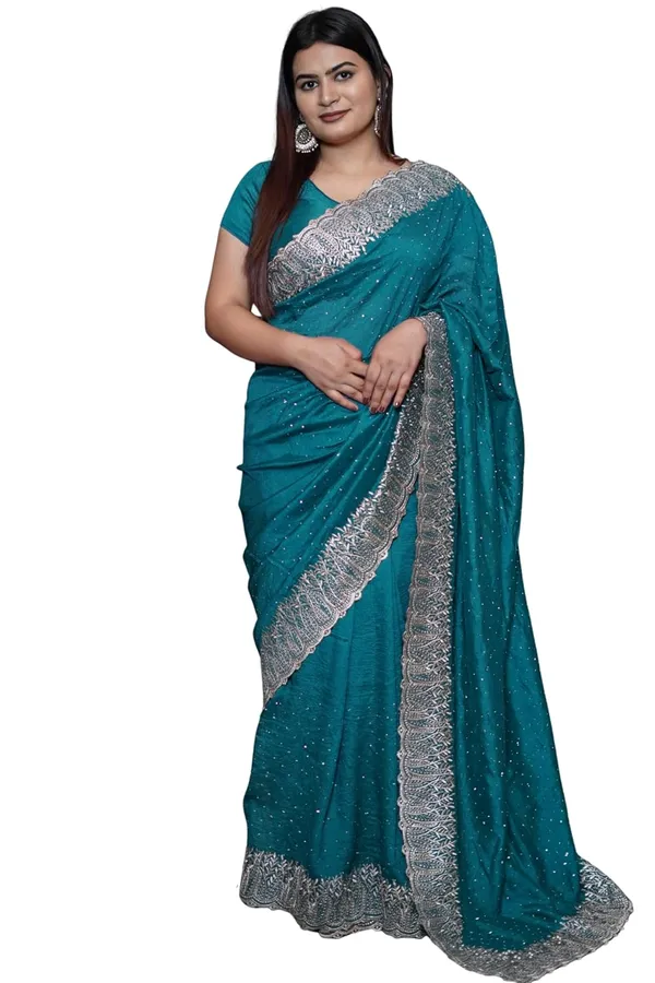 Turquoise_Blue_Women'S_Georgette_Saree_With_Golden_Embroidery,_Heavy_Lace_Border,_Blouse_Piece