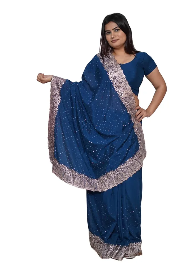 Royal_Blue_Women'S_Georgette_Saree_With_Golden_Embroidery,_Heavy_Lace_Border,_Blouse_Piece