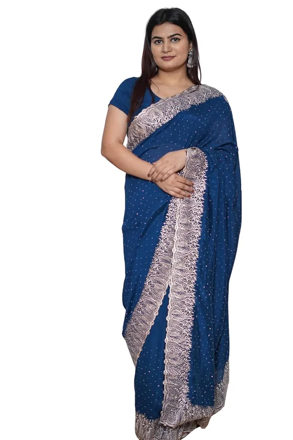 Royal_Blue_Women'S_Georgette_Saree_With_Golden_Embroidery,_Heavy_Lace_Border,_Blouse_Piece