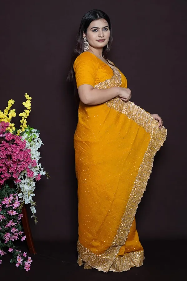 Mustard_Yellow_Women'S_Georgette_Saree_With_Golden_Embroidery,_Heavy_Lace_Border,_Blouse_Piece