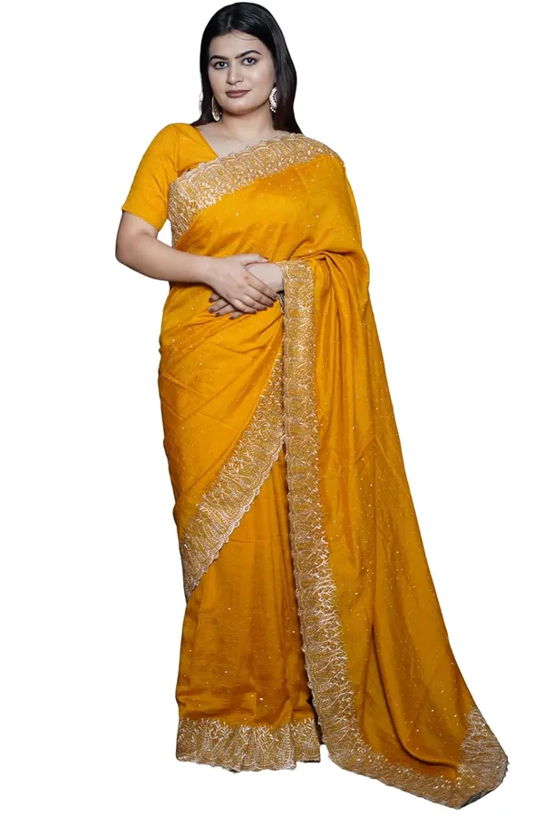Mustard_Yellow_Women'S_Georgette_Saree_With_Golden_Embroidery,_Heavy_Lace_Border,_Blouse_Piece