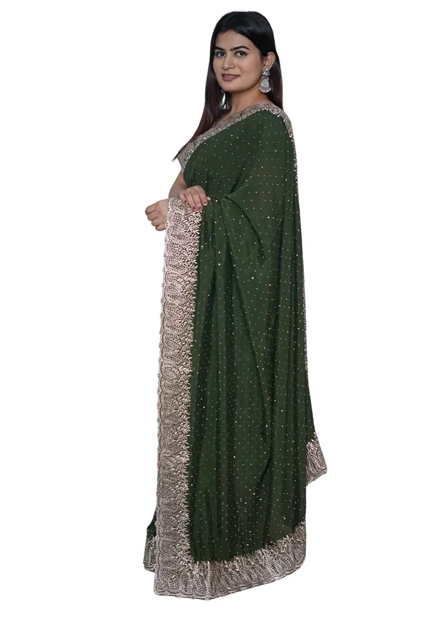 Dark_Green_Women'S_Georgette_Saree_With_Golden_Embroidery,_Heavy_Lace_Border,_Blouse_Piece