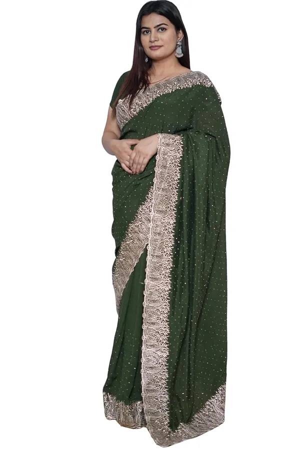 Dark_Green_Women'S_Georgette_Saree_With_Golden_Embroidery,_Heavy_Lace_Border,_Blouse_Piece