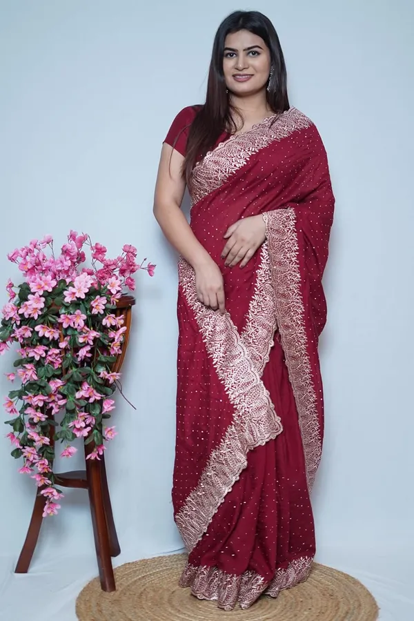 Maroon_Women'S_Georgette_Saree_With_Golden_Embroidery,_Heavy_Lace_Border,_Blouse_Piece