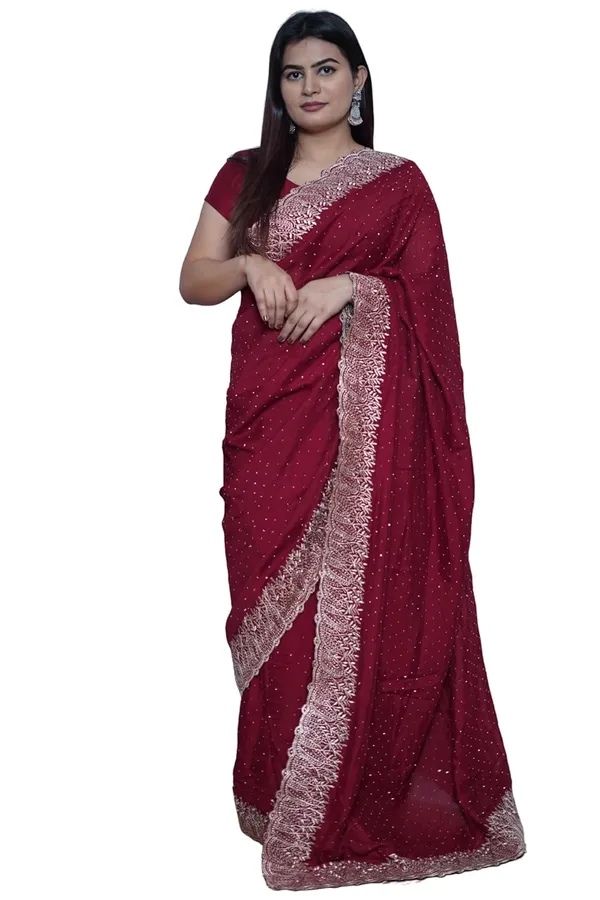 Maroon_Women'S_Georgette_Saree_With_Golden_Embroidery,_Heavy_Lace_Border,_Blouse_Piece