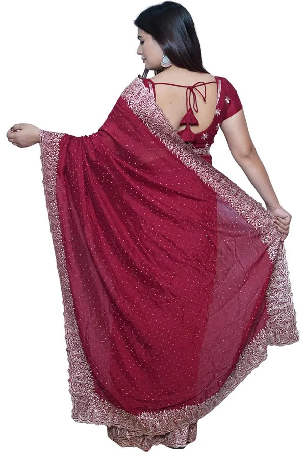 Maroon_Women'S_Georgette_Saree_With_Golden_Embroidery,_Heavy_Lace_Border,_Blouse_Piece