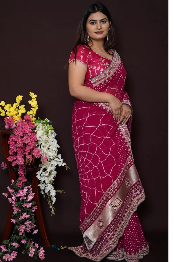 Rani_Pink_Women'S_Bandhej_Printed_Saree_With_Mirror_And_Gota_Border_Work_|_Soft_Georgette_Saree_With_Blouse_Piece
