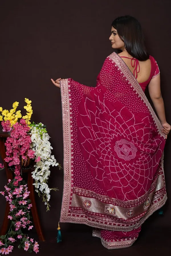 Rani_Pink_Women'S_Bandhej_Printed_Saree_With_Mirror_And_Gota_Border_Work_|_Soft_Georgette_Saree_With_Blouse_Piece