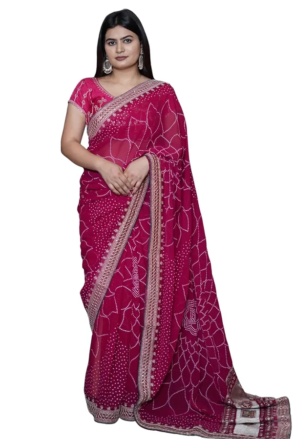 Rani_Pink_Women'S_Bandhej_Printed_Saree_With_Mirror_And_Gota_Border_Work_|_Soft_Georgette_Saree_With_Blouse_Piece