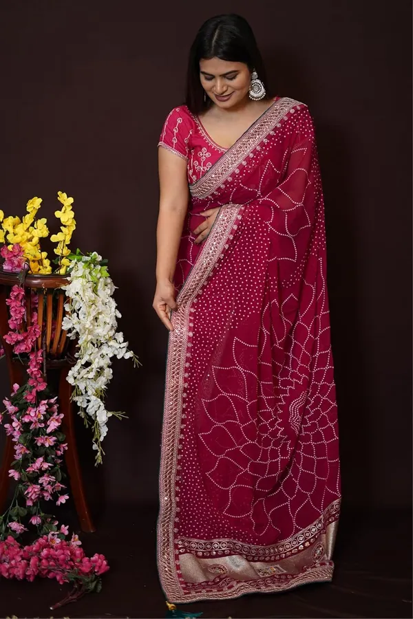 Rani_Pink_Women'S_Bandhej_Printed_Saree_With_Mirror_And_Gota_Border_Work_|_Soft_Georgette_Saree_With_Blouse_Piece