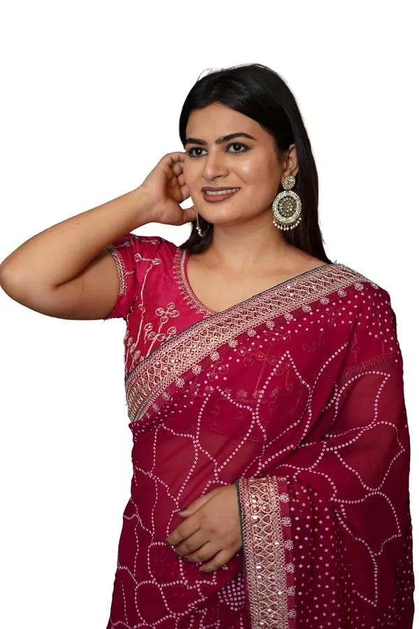 Rani_Pink_Women'S_Bandhej_Printed_Saree_With_Mirror_And_Gota_Border_Work_|_Soft_Georgette_Saree_With_Blouse_Piece