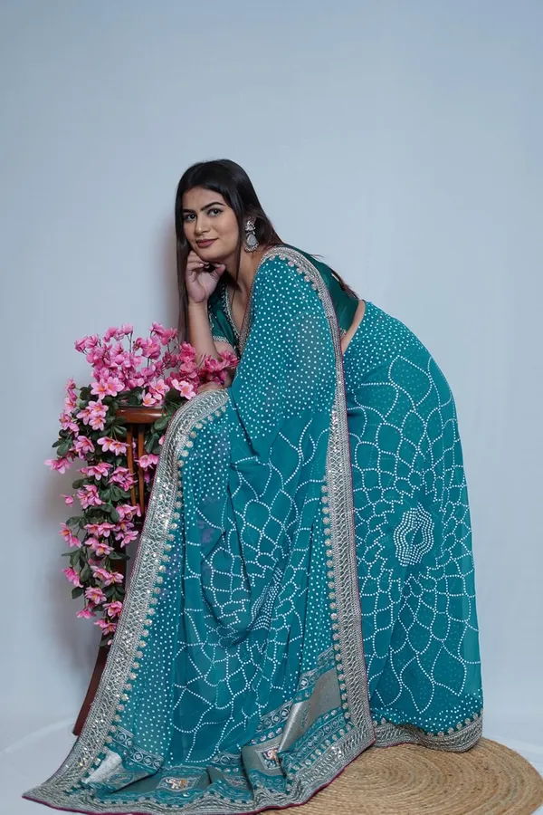 Skyblue_Women'S_Bandhej_Printed_Saree_With_Mirror_And_Gota_Border_Work_|_Soft_Georgette_Saree_With_Blouse_Piece