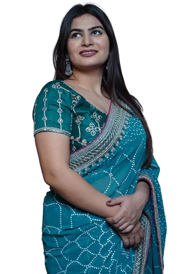Skyblue_Women'S_Bandhej_Printed_Saree_With_Mirror_And_Gota_Border_Work_|_Soft_Georgette_Saree_With_Blouse_Piece