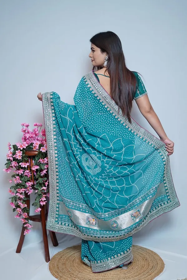 Skyblue_Women'S_Bandhej_Printed_Saree_With_Mirror_And_Gota_Border_Work_|_Soft_Georgette_Saree_With_Blouse_Piece