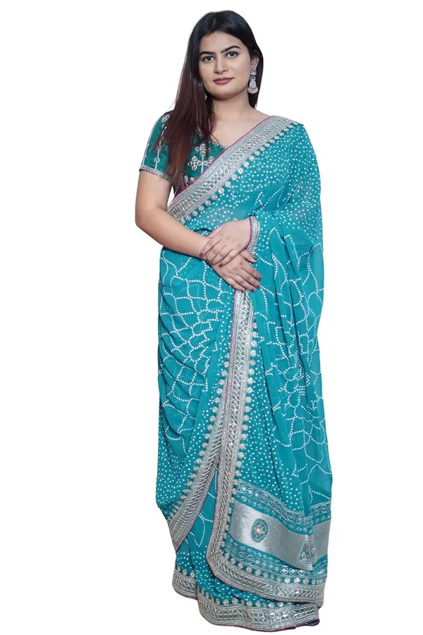 Skyblue_Women'S_Bandhej_Printed_Saree_With_Mirror_And_Gota_Border_Work_|_Soft_Georgette_Saree_With_Blouse_Piece