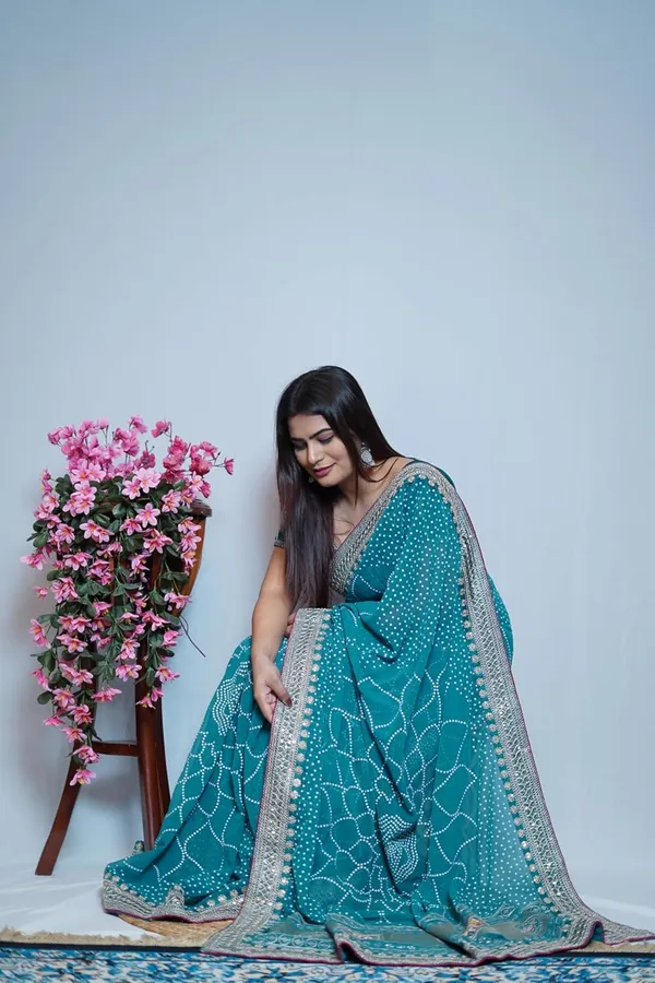 Skyblue_Women'S_Bandhej_Printed_Saree_With_Mirror_And_Gota_Border_Work_|_Soft_Georgette_Saree_With_Blouse_Piece