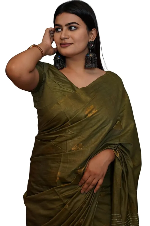 Olive_Green_Cotton_Saree_With_Zari_Weaving_Border_|_Includes_Blouse_Piece