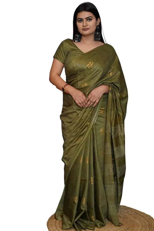 Olive_Green_Cotton_Saree_With_Zari_Weaving_Border_|_Includes_Blouse_Piece