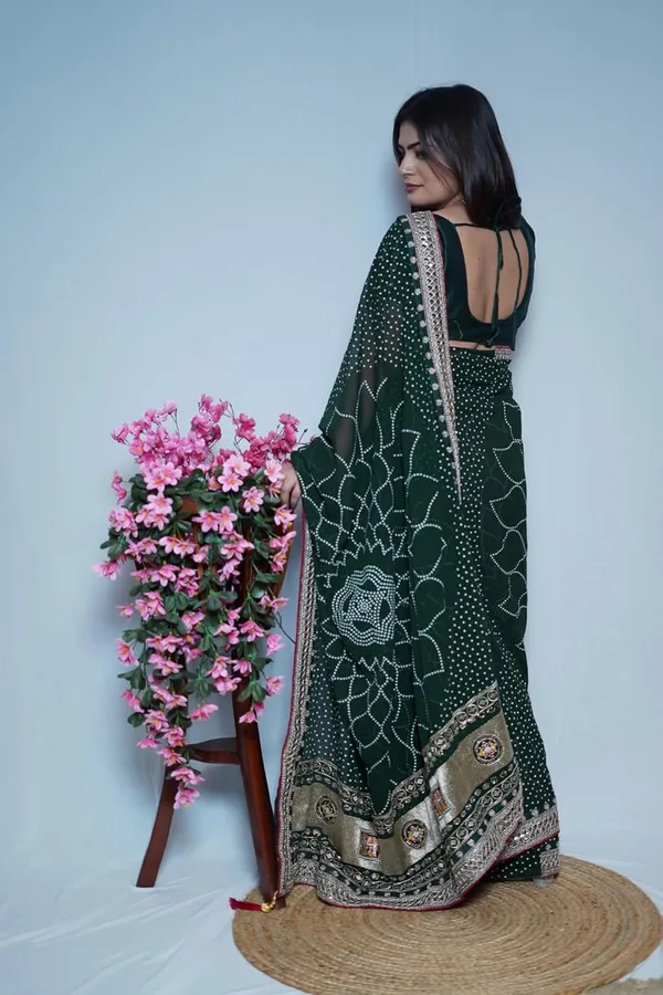 Dark_Green_Women'S_Bandhej_Printed_Saree_With_Mirror_And_Gota_Border_Work_|_Soft_Georgette_Saree_With_Blouse_Piece