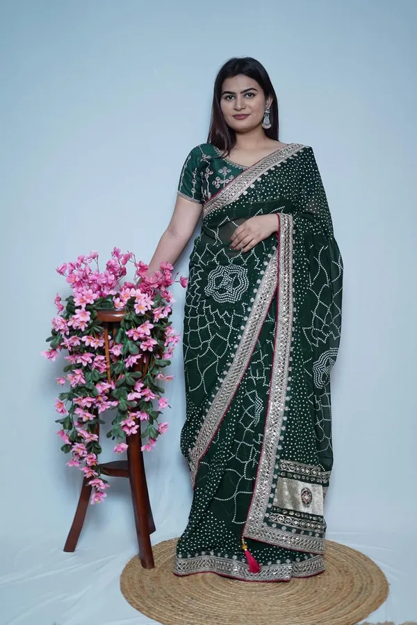 Dark_Green_Women'S_Bandhej_Printed_Saree_With_Mirror_And_Gota_Border_Work_|_Soft_Georgette_Saree_With_Blouse_Piece