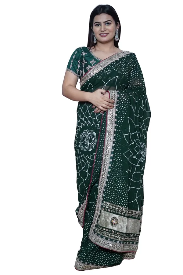 Dark_Green_Women'S_Bandhej_Printed_Saree_With_Mirror_And_Gota_Border_Work_|_Soft_Georgette_Saree_With_Blouse_Piece