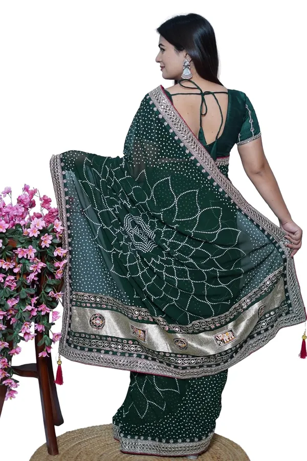 Dark_Green_Women'S_Bandhej_Printed_Saree_With_Mirror_And_Gota_Border_Work_|_Soft_Georgette_Saree_With_Blouse_Piece