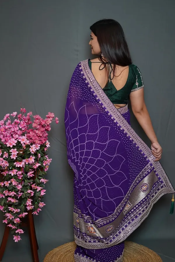 Purple_Women'S_Bandhej_Printed_Saree_With_Mirror_And_Gota_Border_Work_|_Soft_Georgette_Saree_With_Blouse_Piece