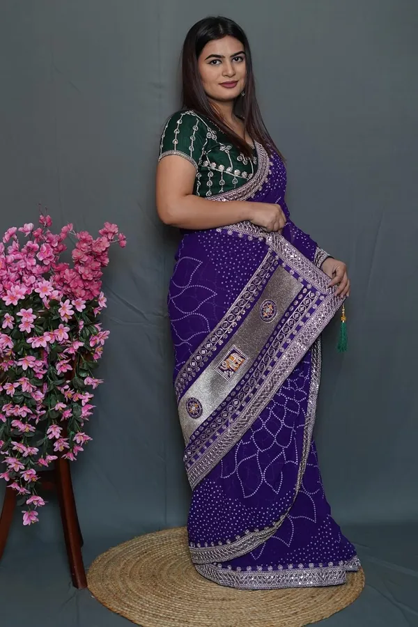 Purple_Women'S_Bandhej_Printed_Saree_With_Mirror_And_Gota_Border_Work_|_Soft_Georgette_Saree_With_Blouse_Piece
