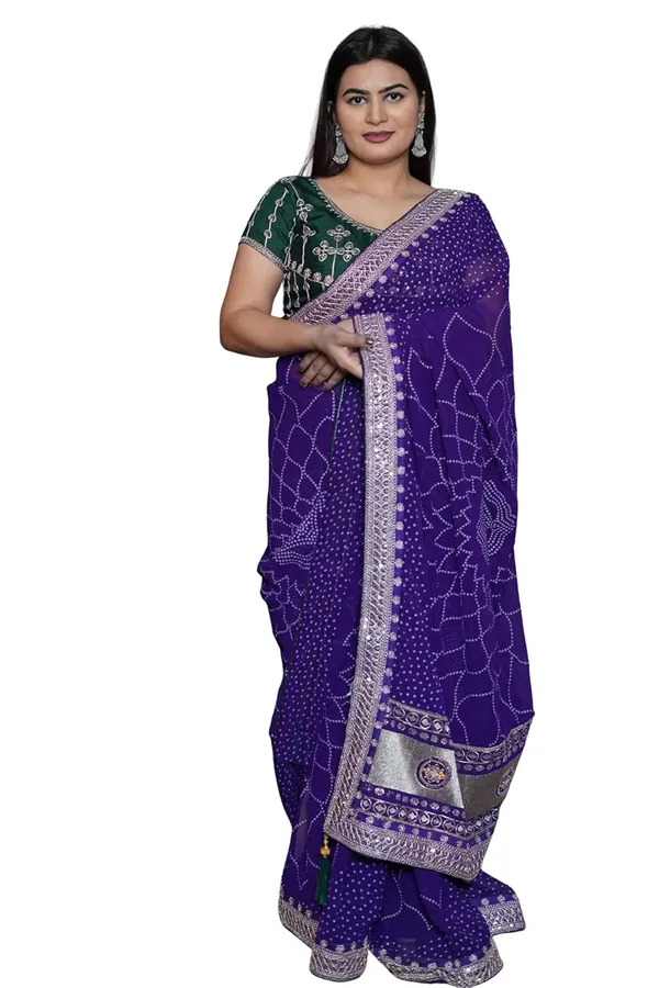 Purple_Women'S_Bandhej_Printed_Saree_With_Mirror_And_Gota_Border_Work_|_Soft_Georgette_Saree_With_Blouse_Piece
