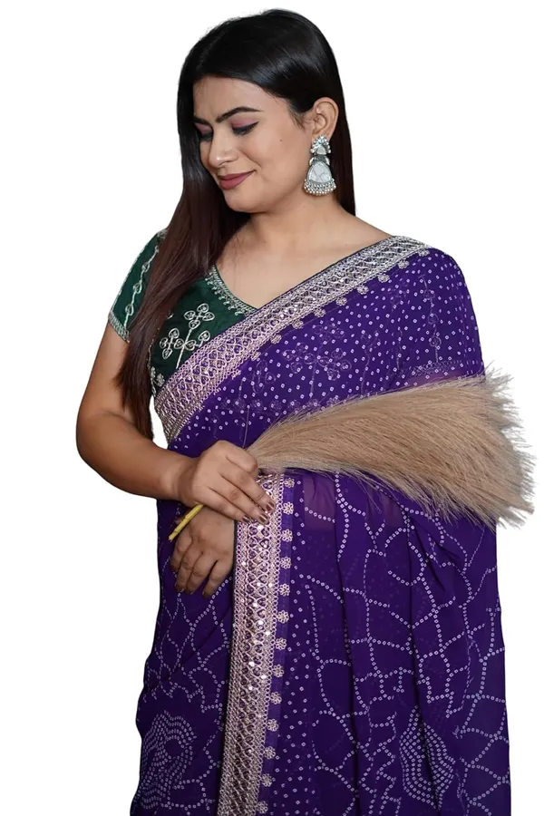 Purple_Women'S_Bandhej_Printed_Saree_With_Mirror_And_Gota_Border_Work_|_Soft_Georgette_Saree_With_Blouse_Piece