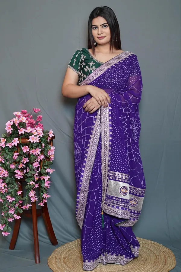 Purple_Women'S_Bandhej_Printed_Saree_With_Mirror_And_Gota_Border_Work_|_Soft_Georgette_Saree_With_Blouse_Piece