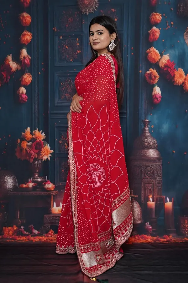 Red_Women'S_Bandhej_Printed_Saree_With_Mirror_And_Gota_Border_Work_|_Soft_Georgette_Saree_With_Blouse_Piece