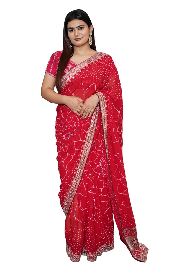 Red_Women'S_Bandhej_Printed_Saree_With_Mirror_And_Gota_Border_Work_|_Soft_Georgette_Saree_With_Blouse_Piece