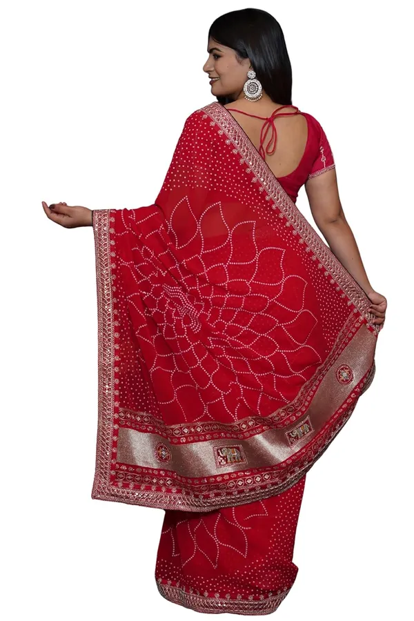 Red_Women'S_Bandhej_Printed_Saree_With_Mirror_And_Gota_Border_Work_|_Soft_Georgette_Saree_With_Blouse_Piece