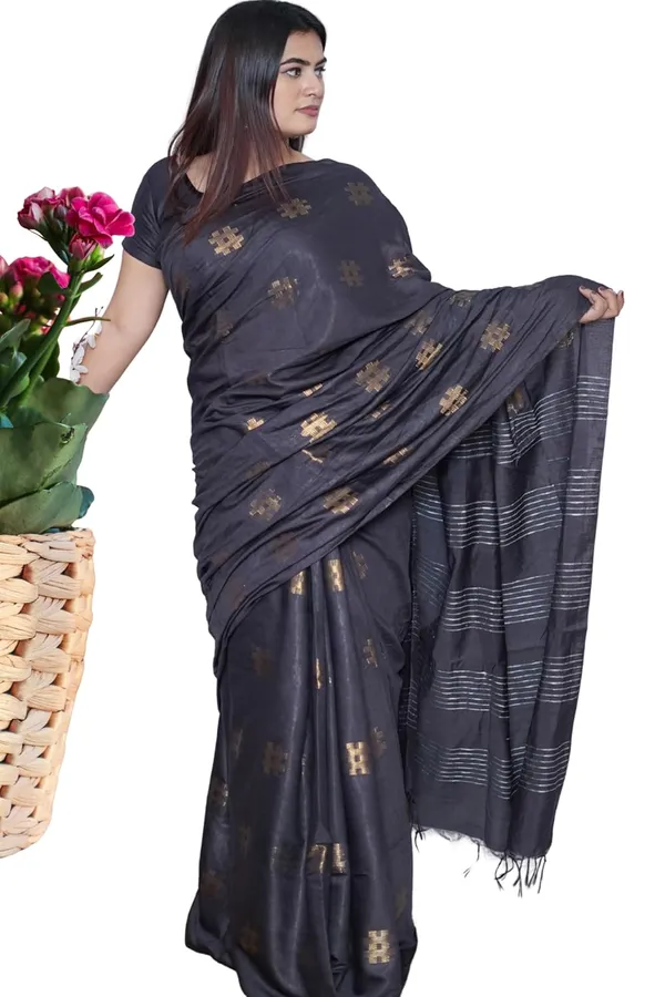 Charcoal_Black_Cotton_Saree_With_Zari_Weaving_Border_|_Includes_Blouse_Piece