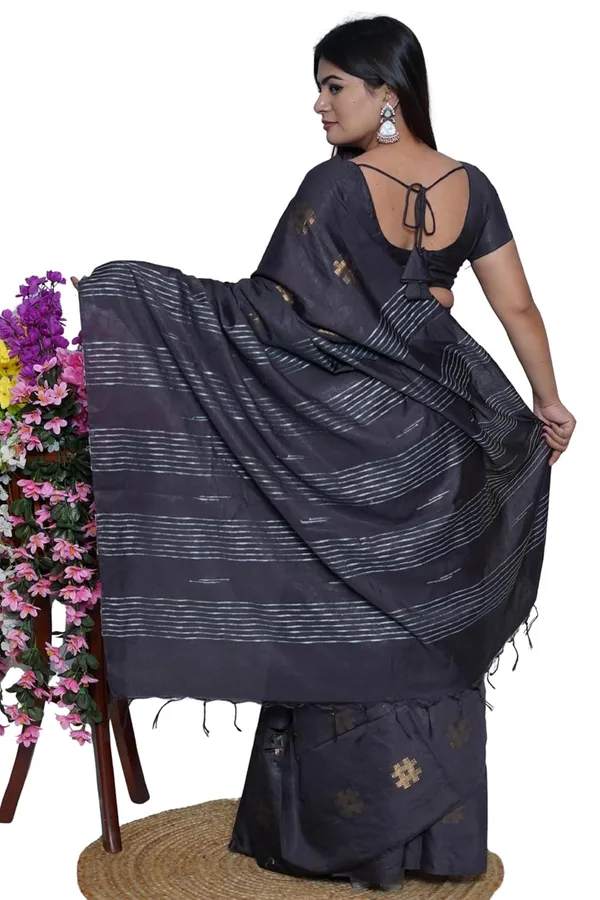 Charcoal_Black_Cotton_Saree_With_Zari_Weaving_Border_|_Includes_Blouse_Piece