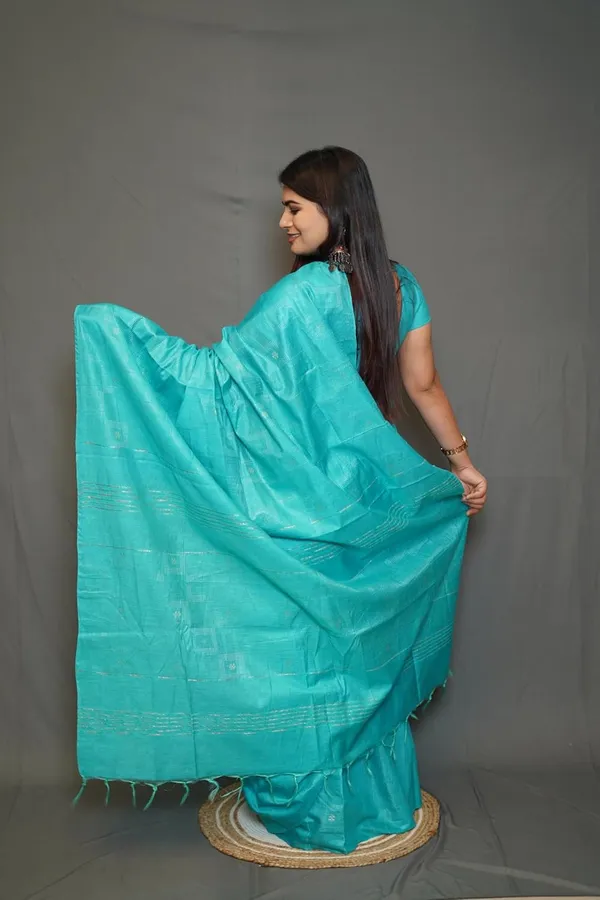 Skyblue_Cotton_Saree_With_Zari_Stripes_&_Tassel_Border_|_Traditional_Saree_With_Blouse_Piece