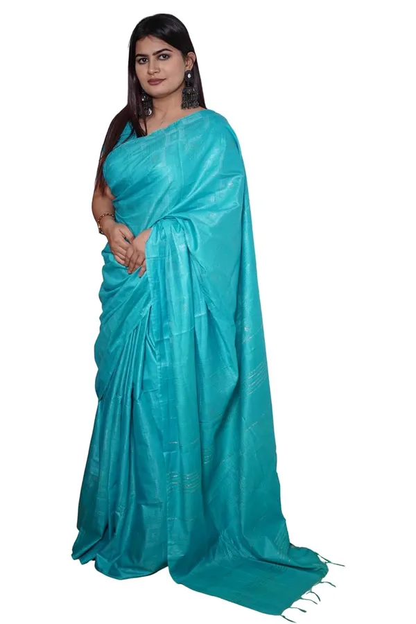 Skyblue_Cotton_Saree_With_Zari_Stripes_&_Tassel_Border_|_Traditional_Saree_With_Blouse_Piece
