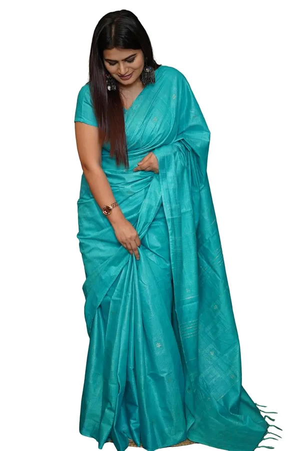 Skyblue_Cotton_Saree_With_Zari_Stripes_&_Tassel_Border_|_Traditional_Saree_With_Blouse_Piece