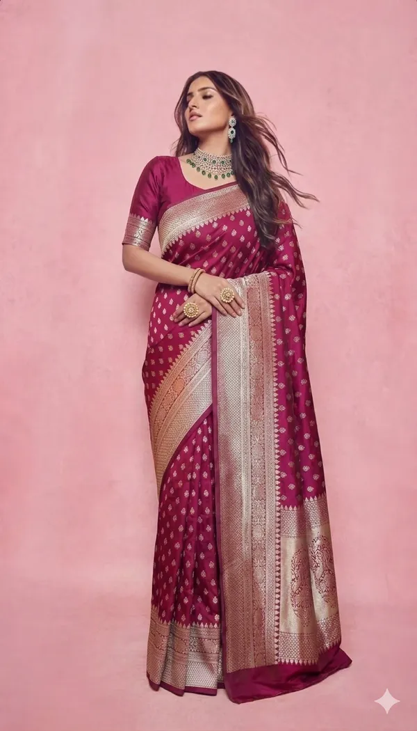 Pink_Banarasi-Style_Soft_Silk_Saree_With_Zari_Border__|_Elegant_Magenta_Pink_Wedding_Saree_With_Blouse_Piece