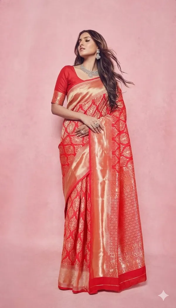 Red_&_Gold_Kanjivaram_Soft_Silk_Saree,_Traditional_Red_And_Gold_With_Zari_Border,_Wedding_Festival_Formal_Wear,_Includes_Matching_Blouse_Piece
